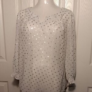 Valerie Stevens Sheer Ivory Blouse with Metallic Dots 3/4 Ruffle Sleeves